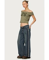 Edikted Womens Petite Contrast Panel Low Rise Jeans