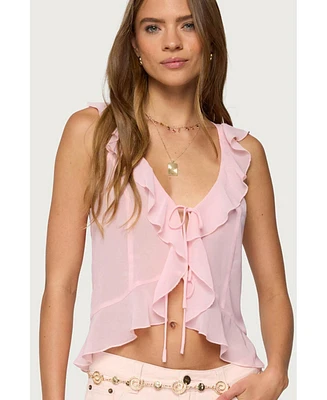 Edikted Womens Roxan Ruffle Chiffon Tie Front Top
