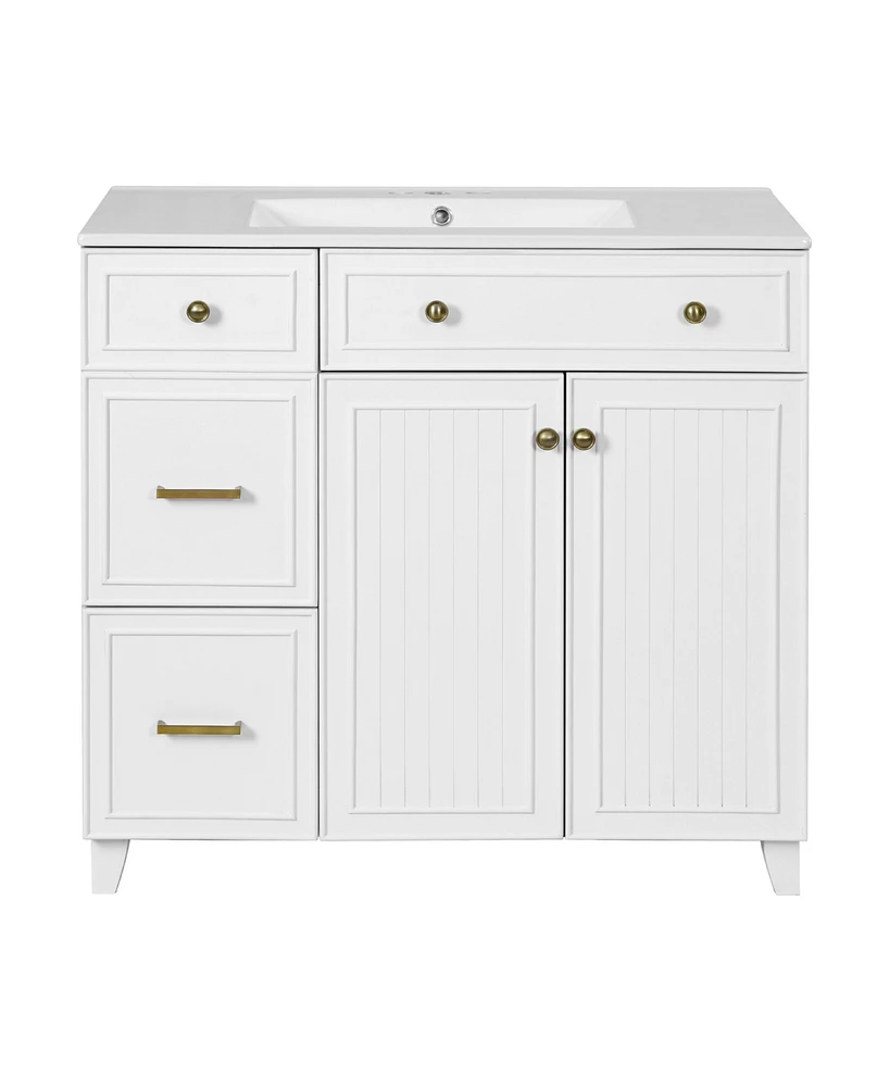 Casainc 36" Bathroom Vanity with Ceramic Sink, Double-Layer Drawers, Soft Close Doors & Adjustable Shelves