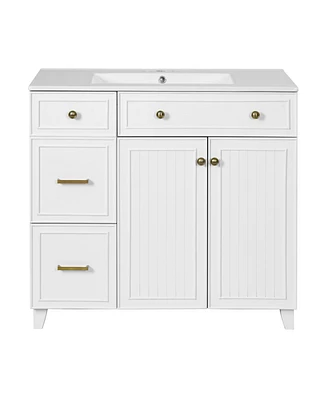 Casainc 36" Bathroom Vanity with Ceramic Sink, Double-Layer Drawers, Soft Close Doors & Adjustable Shelves