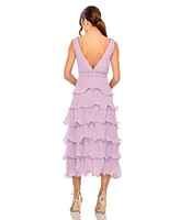 Mac Duggal Women's Deep V Chiffon Sleeveless Ruffle Midi Dress