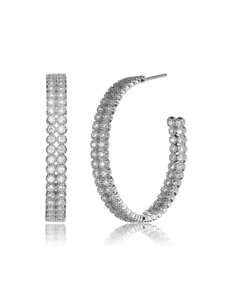 Genevive Sterling Silver White Gold Plating with Clear Cubic Zirconia Open Hoop Earrings