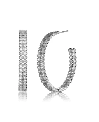 Genevive Sterling Silver White Gold Plating with Clear Cubic Zirconia Open Hoop Earrings