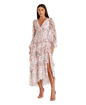 Mac Duggal Women's Elegant Puff Sleeve Floral Midi Dress with A-Line Silhouette and Side Pockets