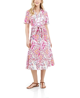 Fever Women's Button Front Tie Waist Midi Dress