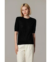 Jennie Liu Women's Tissue Weight 75% Merino Wool 25% Silk Crew Neck Short Sleeve T Shirt Sweater | Ultra Soft Machine-Washable Sweaters
