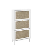 Boyel Living Rattan Shoe Storage Cabinet with 3 Flip Drawers Rattan 3 Door Shoe Rack Freestanding Modern Shoe Storage Cabinet for Entryway, White