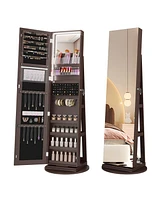 Vlsrka A 360° swivel standing jewelry mirror cabinet with storage shelves, full-length mirror, and Led lights.