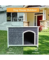 Small Wooden Outdoor Dog House, Waterproof Roof, Elevated Floor, Grey