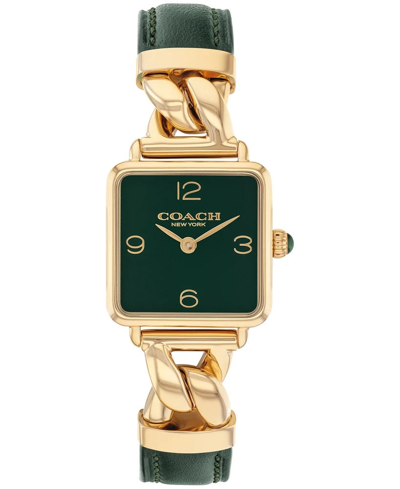 Coach Women's Cass Gold Tone Stainless Steel and Dark Green Leather Calfskin Strap Watch, 22mm