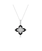 Suzy Levian New York Sterling Silver Black Enamel White Cubic Zirconia Pave Flower Clover Pendant
