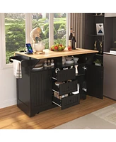 Casainc 55.7" Large Kitchen Island with 2 Drop Leafs, Rolling Cart, Power Outlet, Folding Dining Table, Spice Rack