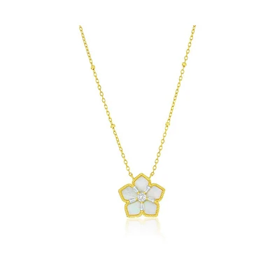 Caribbean Treasures Sterling Silver, Mop & Cz Flower Necklace - Gold Plated