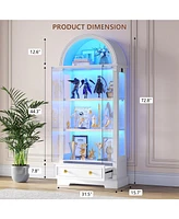 Vlsrka 4-tier shelves, motion sensor lights, 72" arched glass display cabinet.