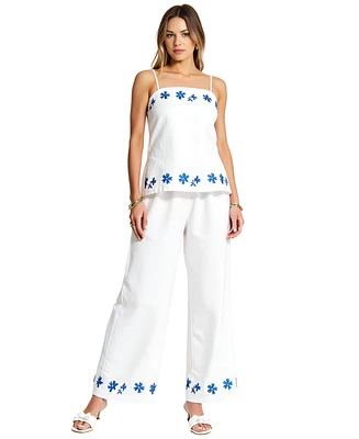 Modenaire Women's Embroidered Floral Hem Camisole and Wide-Leg Pant Set