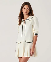 Modenaire Women's Pleated Contrast Collar Bow Tie Mini Dress