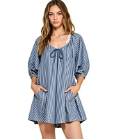Modenaire Women's Striped V-Neck Front Tie 3/4 Sleeve Romper