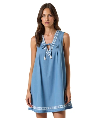 Modenaire Women's Sleeveless Embroidered Trim Tie Front Mini Dress