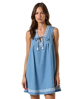 Modenaire Women's Sleeveless Embroidered Trim Tie Front Mini Dress