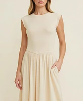 Modenaire Women's Cap Sleeve Knit Bodice Midi Dress with Pockets