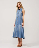 Modenaire Women's Sleeveless Frayed Seams Button Front Midi Dress