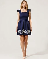 Modenaire Women's Smocked Ruffle Strap Floral Embroidery Mini Dress