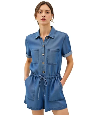 Modenaire Women's Utility Button-Up Drawstring Waist Romper