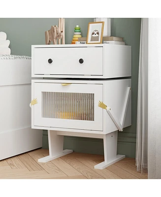 Robot-style bedside table with rotatable head, side table with glass doors, white wooden end table, suitable for bedrooms, living rooms, offices