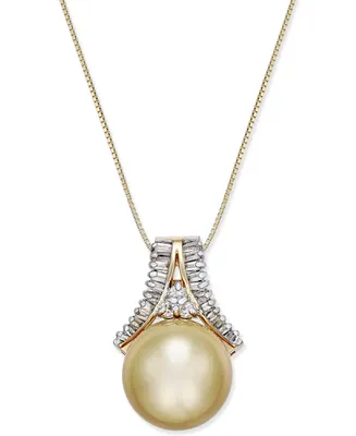 Cultured Golden South Sea Pearl (12mm) and Diamond (1/3 ct. t.w.) Pendant Necklace in 14k Gold