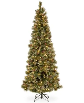 National Tree Company 7.5 Glittery Bristle Slim Pine Hinged Christmas Tree With White Tipped Cones 500 Clear Lights