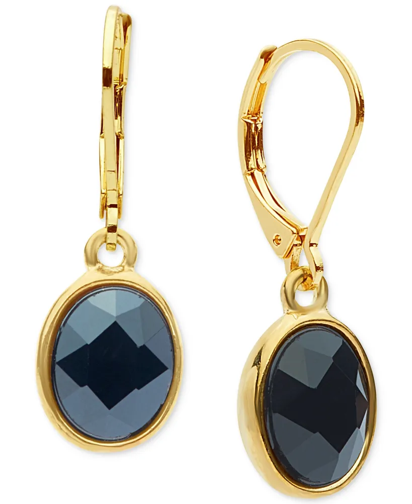 Anne Klein Gold-tone Oval Jet Stone Drop Earrings