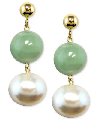 Cultured Freshwater Pearl and Dyed Jade Drop Earrings Set in 14k Gold
