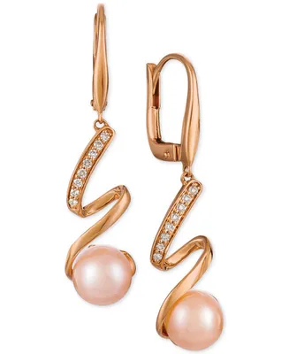 Le Vian Pink Cultured Freshwater Pearl (8mm) and Diamond (1/10 ct. t.w.) Drop Earrings in 14k Rose Gold