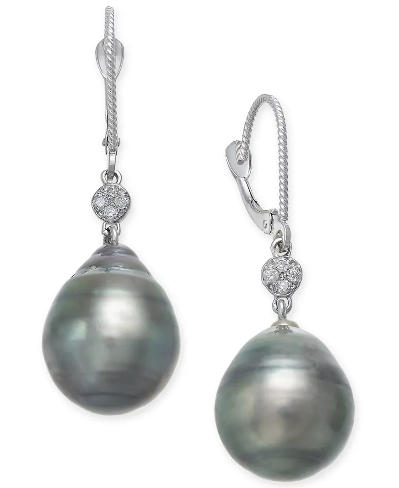 Cultured Black Tahitian Pearl (12mm) and Diamond Accent Drop Earrings in 14k White Gold