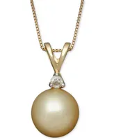 Golden South Sea Pearl (8mm) and Diamond Accent Pendant Necklace in 14k Gold