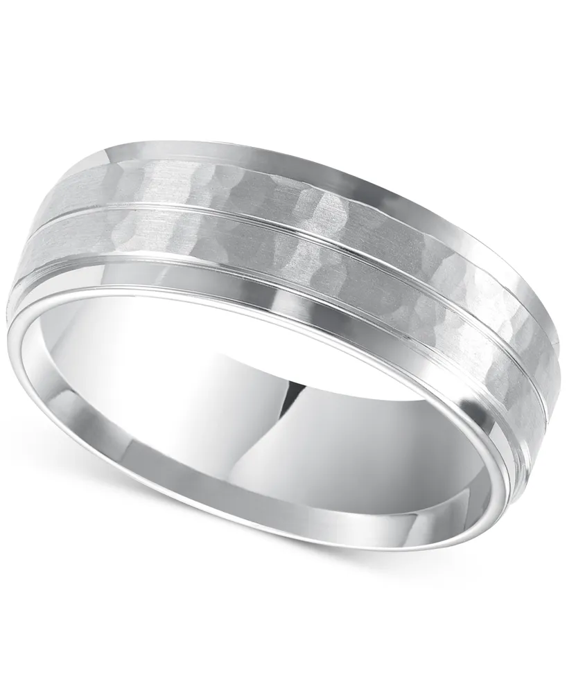 Men's Hammered and Brush Finish Wedding Band 14k White Gold