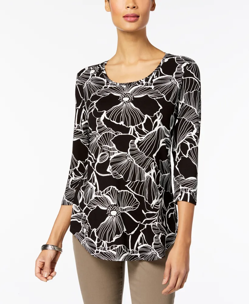 Jm Collection Plus Size Printed 3/4-sleeve Top, Created For Macy's In Deep  Black Combo
