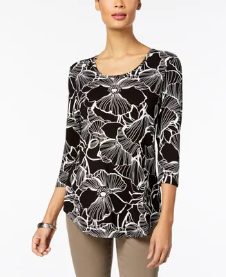 Jm Collection Petite 3/4-Sleeve Printed Top