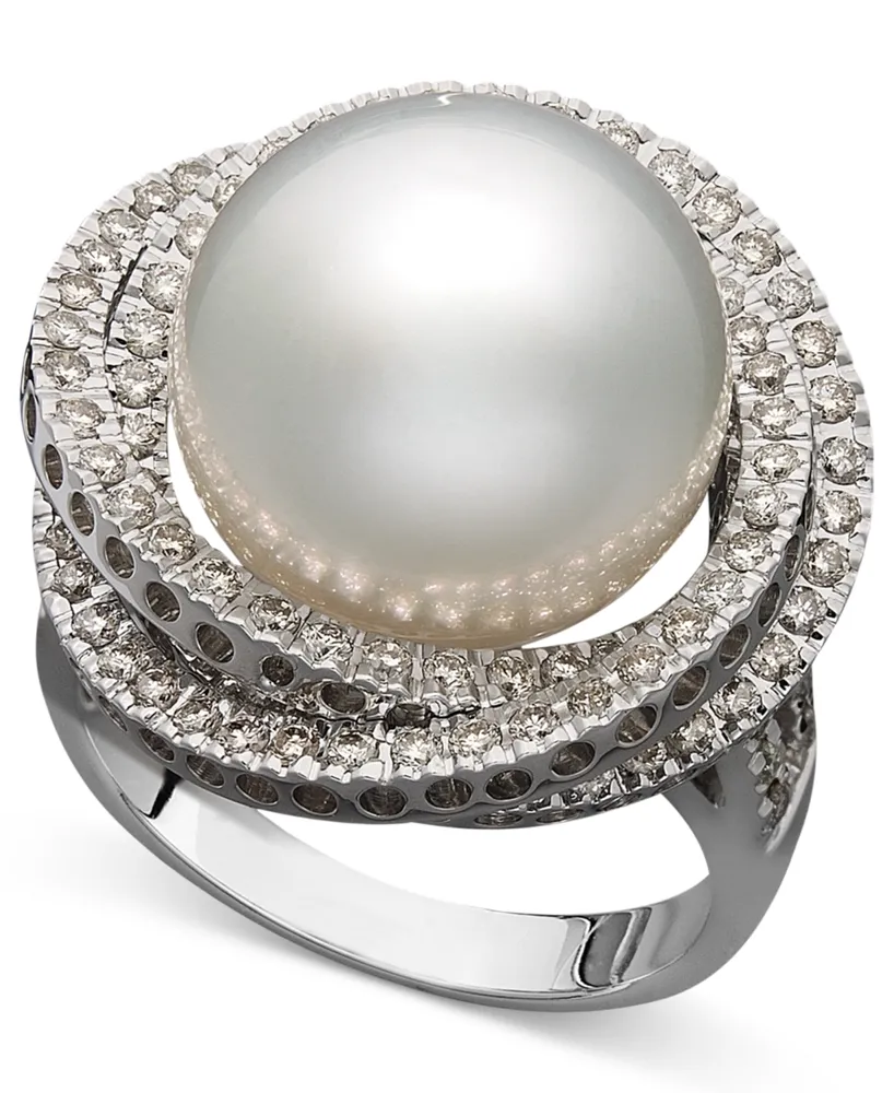 14k White Gold Ring, Cultured South Sea Pearl (13mm) and Diamond (1 ct. t.w.) Ring