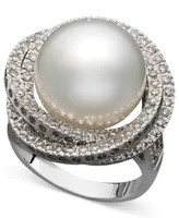 14k White Gold Ring, Cultured South Sea Pearl (13mm) and Diamond (1 ct. t.w.) Ring