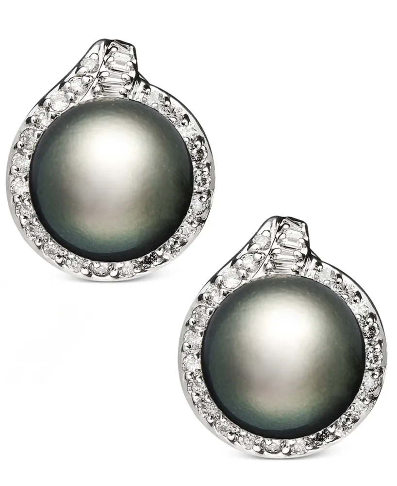 14k White Gold Earrings, Cultured Tahitian Pearl (11mm) and Diamond (3/4 ct. t.w.) Stud Earrings