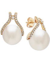 Honora Cultured White Ming Pearl (12mm) & Diamond (1/3 ct. t.w.) Stud Earrings in 14k Gold