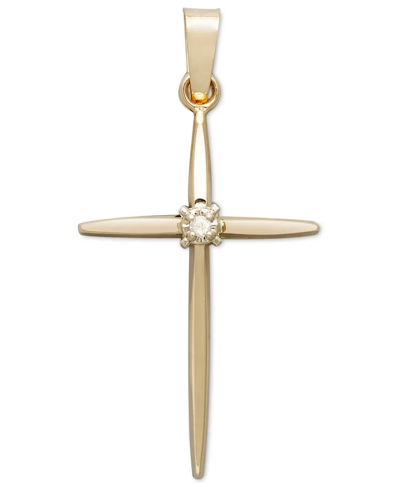 14k Yellow Gold Pendant, Diamond Accent Slim Line Cross