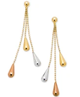 Tri-Gold Linear Drop Earrings in 14k Gold, White Gold and Rose Gold, 2 inch