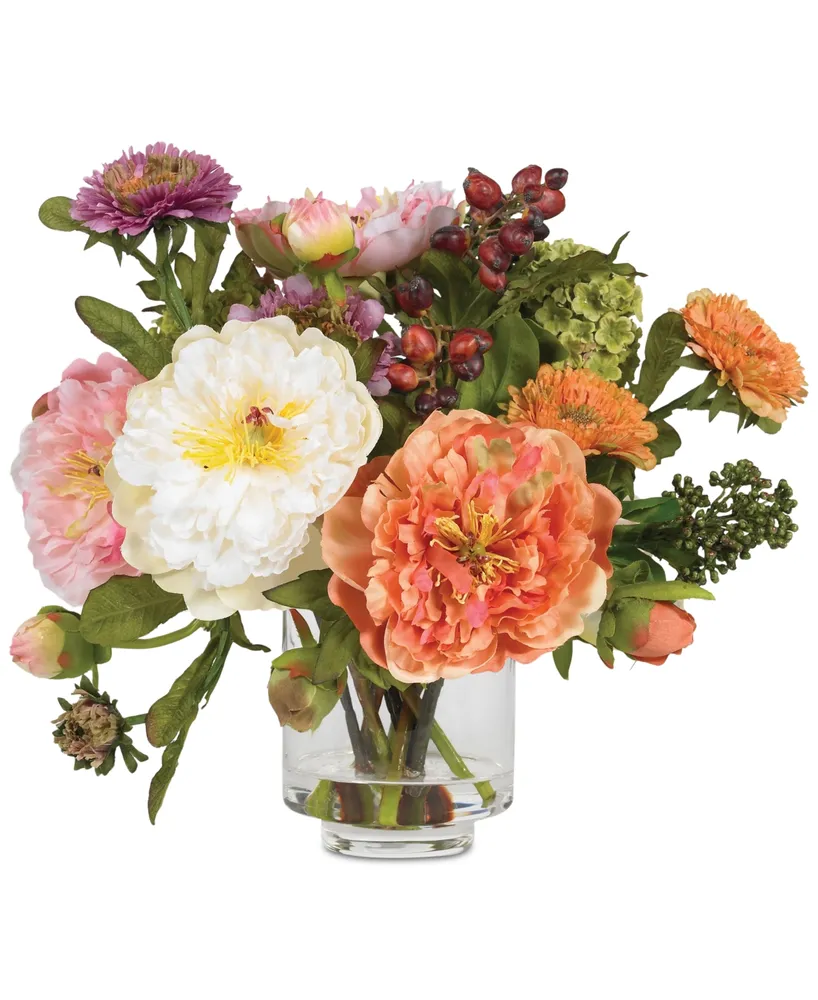 Nearly Natural Artificial Peony Arrangement with Glass Vase