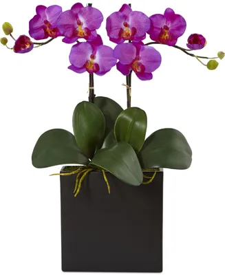 Nearly Natural Double Mini Phalaenopsis Orchid Artificial Plant in Black Vase