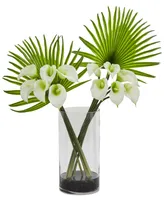 Nearly Natural Calla Lily and Fan Palm Artificial Arrangement in Cylinder Glass Vase