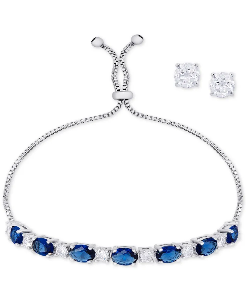 Simulated Sapphire Slider Bracelet & Cubic Zirconia Stud Earrings Set In Silver-Plate, September Birthstone