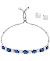 Simulated Sapphire Slider Bracelet & Cubic Zirconia Stud Earrings Set In Silver-Plate, September Birthstone