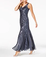 R&M Richards Petite Sleeveless Pleated Sequin Embellished Gown